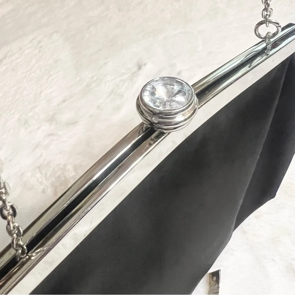 Kate Landry Black Satin Rosette Evening Bag Clutch with Chain Strap & Rhinestone - Image 13