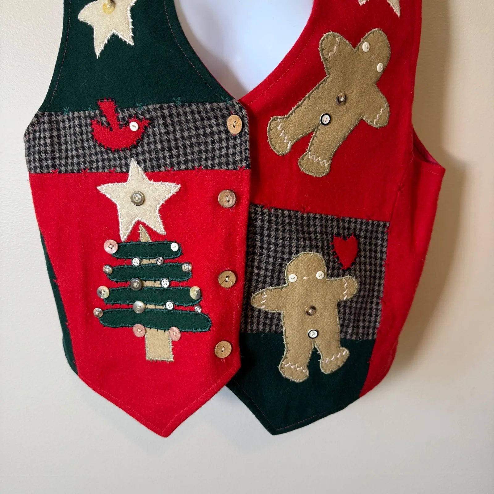 Keren Hart Vintage Christmas‎ Vest Patchwork Holiday Gingerbread Stars Women's L Red Size L - Image 3