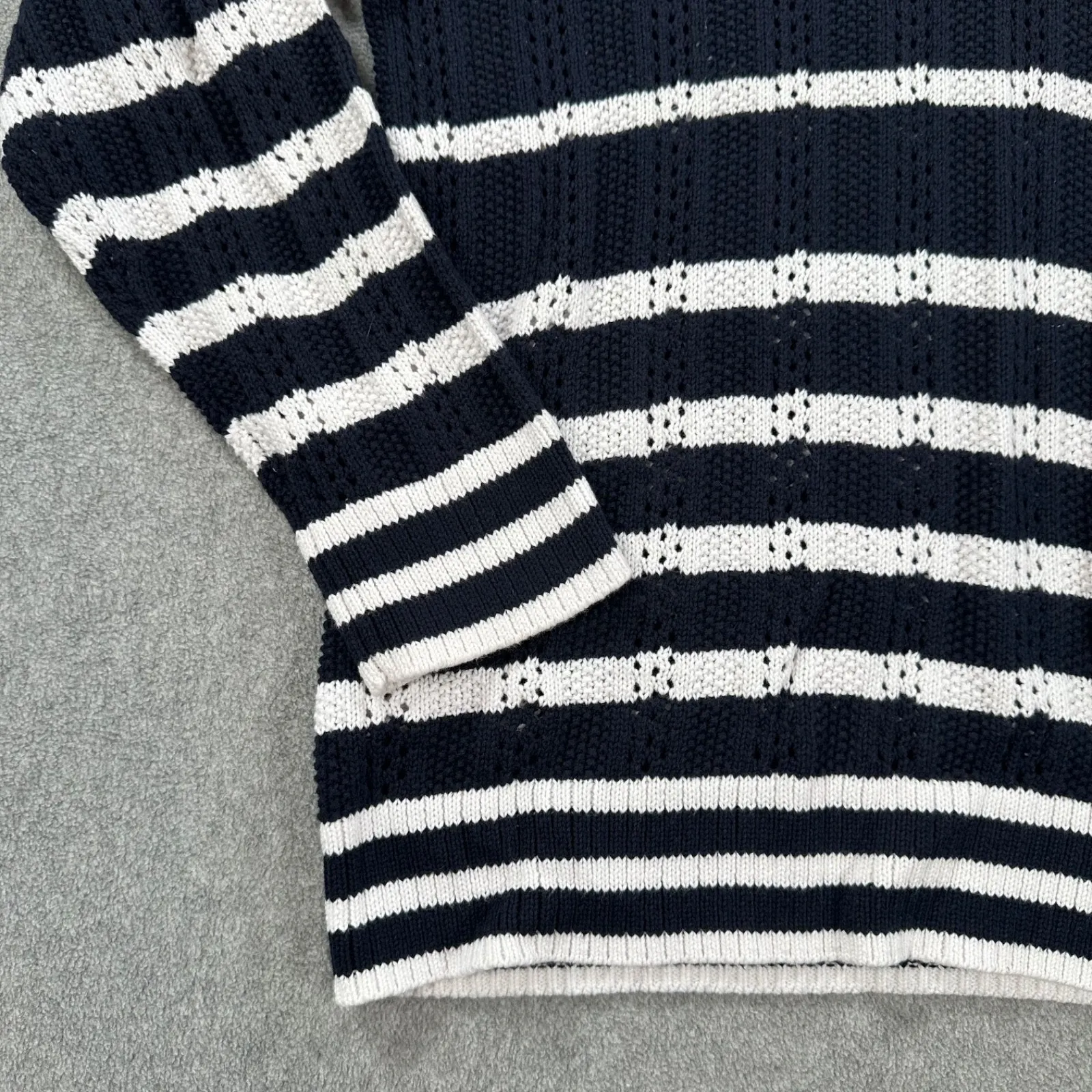 Talbots Open Knit Johnny Collar Sweater Women's Large Navy Blue/White Stripe - Image 2