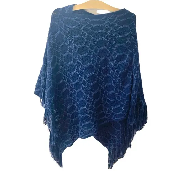 Crochet Knit Poncho Fringe Blue Women’s OS Grandma Cottagecore Coastal Cowgirl - Image 2