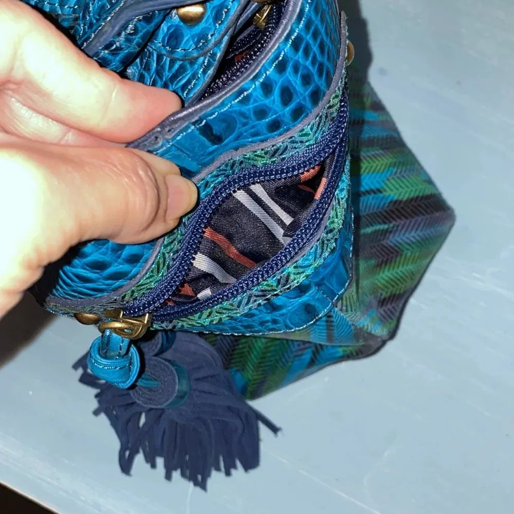 Sharif Textured Leather Tassel Satchel Handbag Blue - Image 7