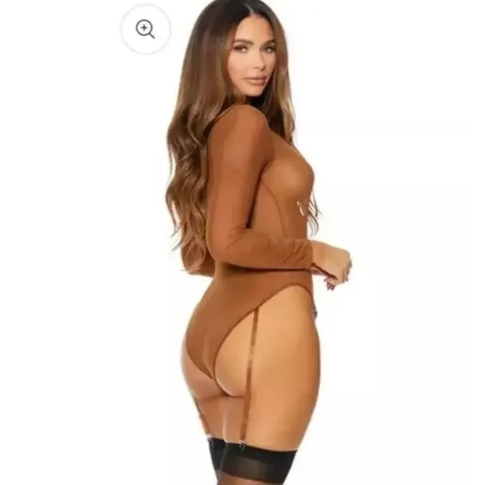 Frederick's of Hollywood Lola Lee Sheer Mesh Long Sleeve Teddy Beige Late M - Image 4