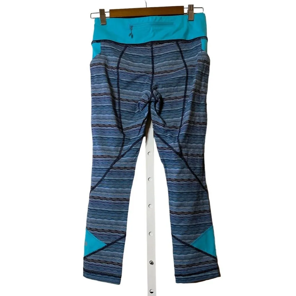 Lululemon Athletica Leggings Womens Black Aqua Striped Workout Yoga‎ Gym Sz 6 - Image 2