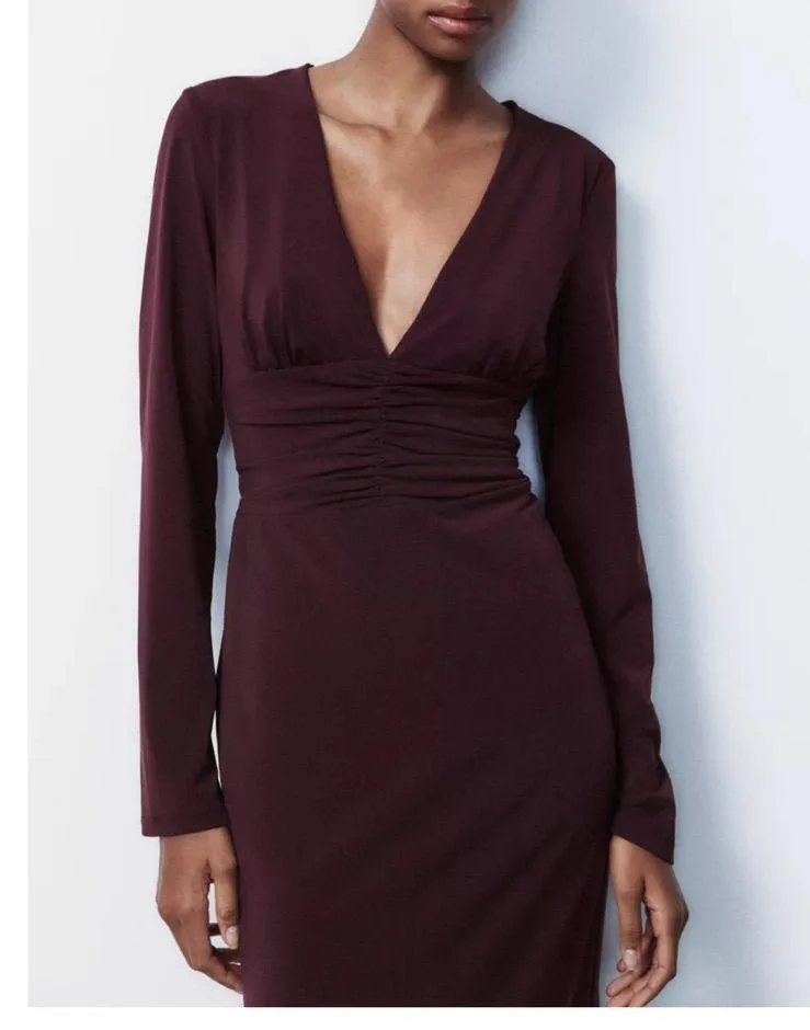 Zara NWT burgundy v neck long sleeve midi dress with ruched draped detail - Image 3