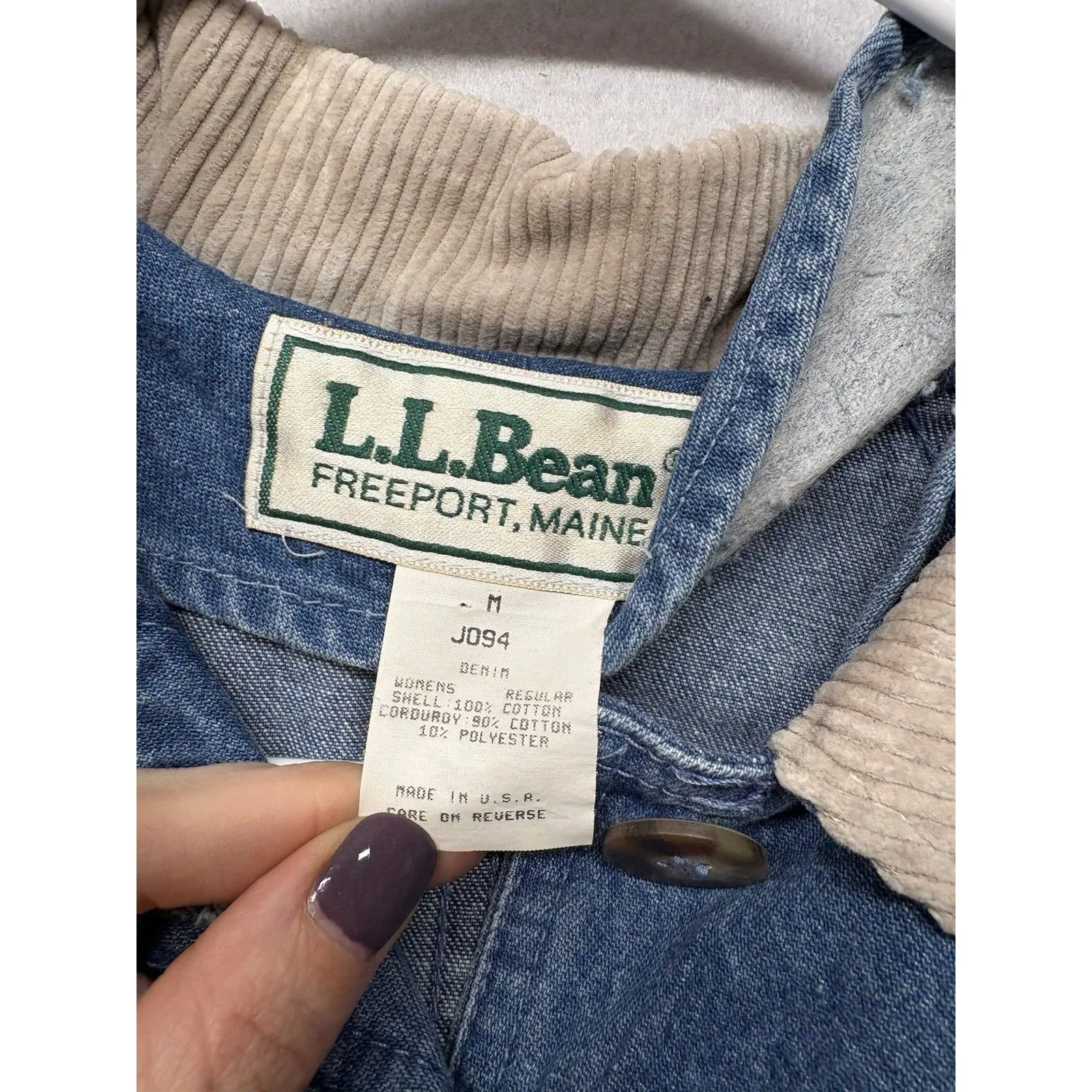 VTG LL Bean Jacket Womens M Barn Chore Denim Corduroy Collar Trench Coat J094 Blue Size M - Image 2