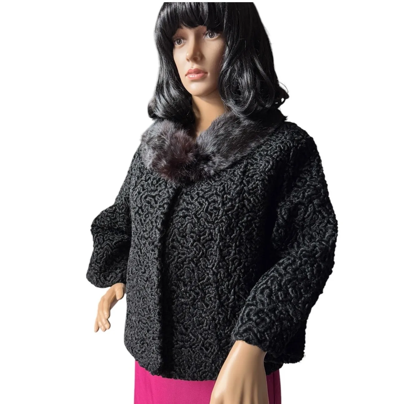 Vintage Black Persian Lamb Fur Coat w/ Mink Collar 1950s Swing Jacket medium - Image 5