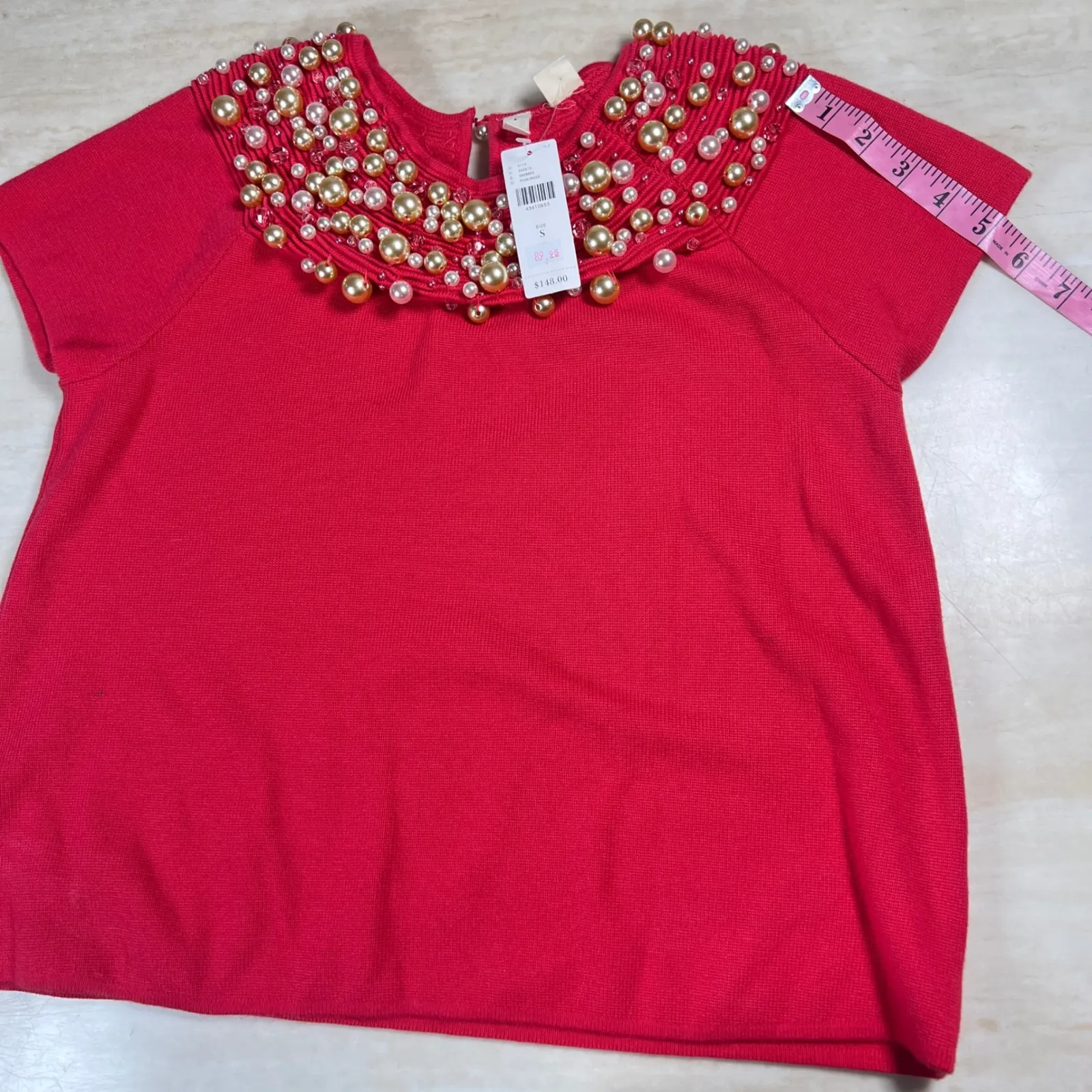 Anthropologie Moth Embellished Beaded Neckline Short Sleeve Top Coral Pink Small - Image 10