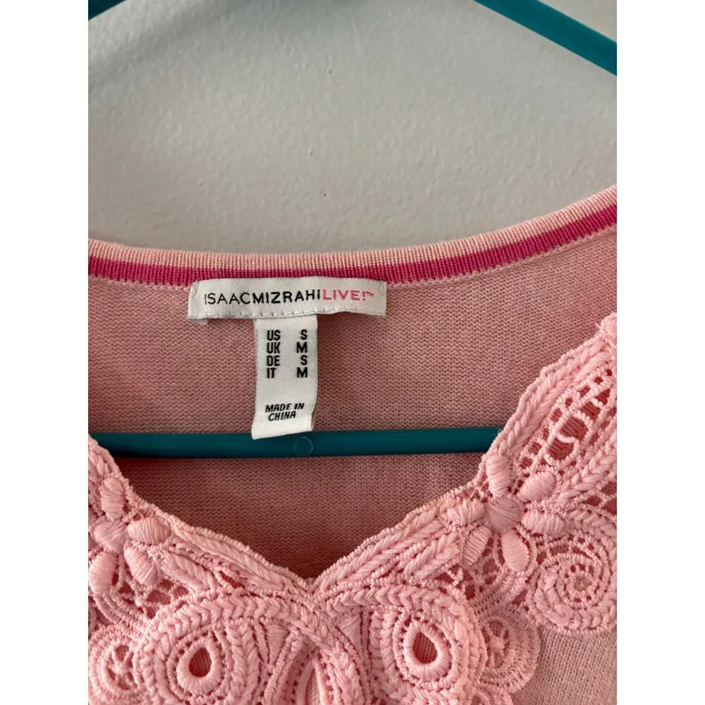 Isaac Mizrahi Top Women's Small Pink Sweater Embroidered Babydoll Feminine Lace - Image 3