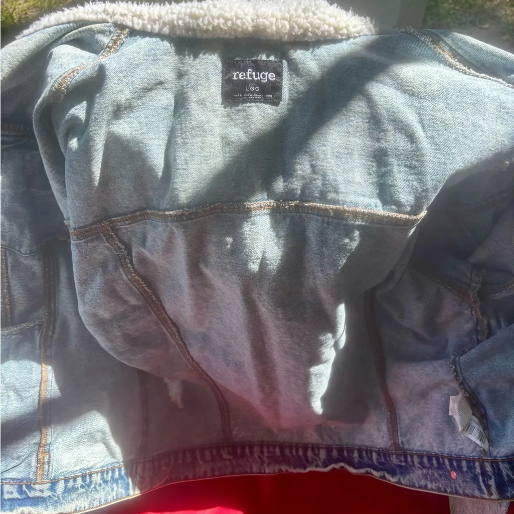 Refuge Acid Wash Denim Jacket With Sherpa Lining Vintage 90s Y2K Size Large Blue - Image 10