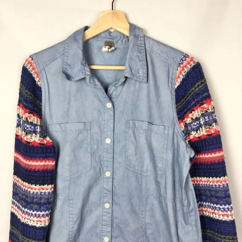 Free People We the Free Chambray Fair Isle Sweater Sleeve Button Down M - Image 4