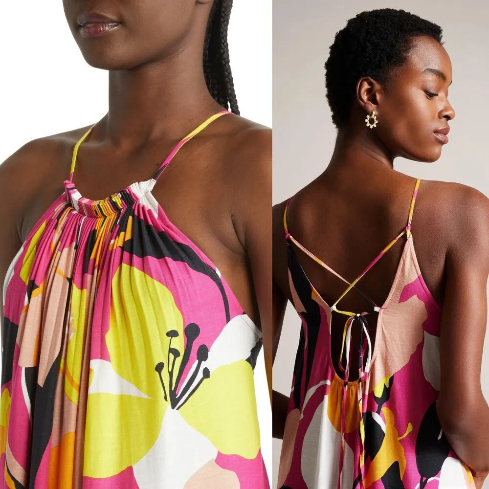 NEW Ted Baker Ikella Strappy Linen Maxi Dress Pleated Pink M/L Bloomcore Resort - Image 5