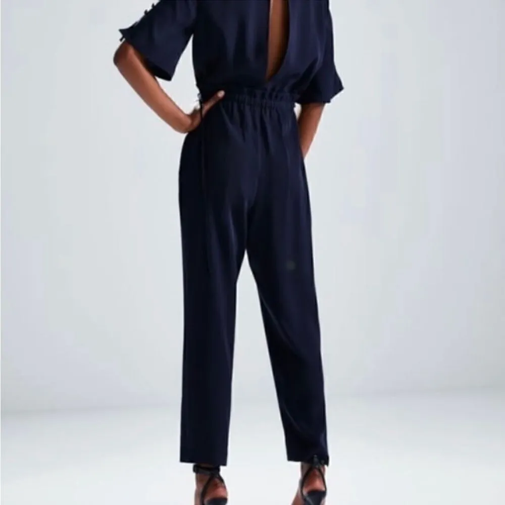 Zara Jumpsuit‎ With Drawstring and Button Detail Navy Blue Size Small - Image 4