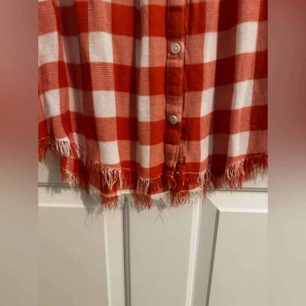 Beach Lunch Lounge Fringe Button Polo Tank Top Orange Plaid Country Size XL - Image 3