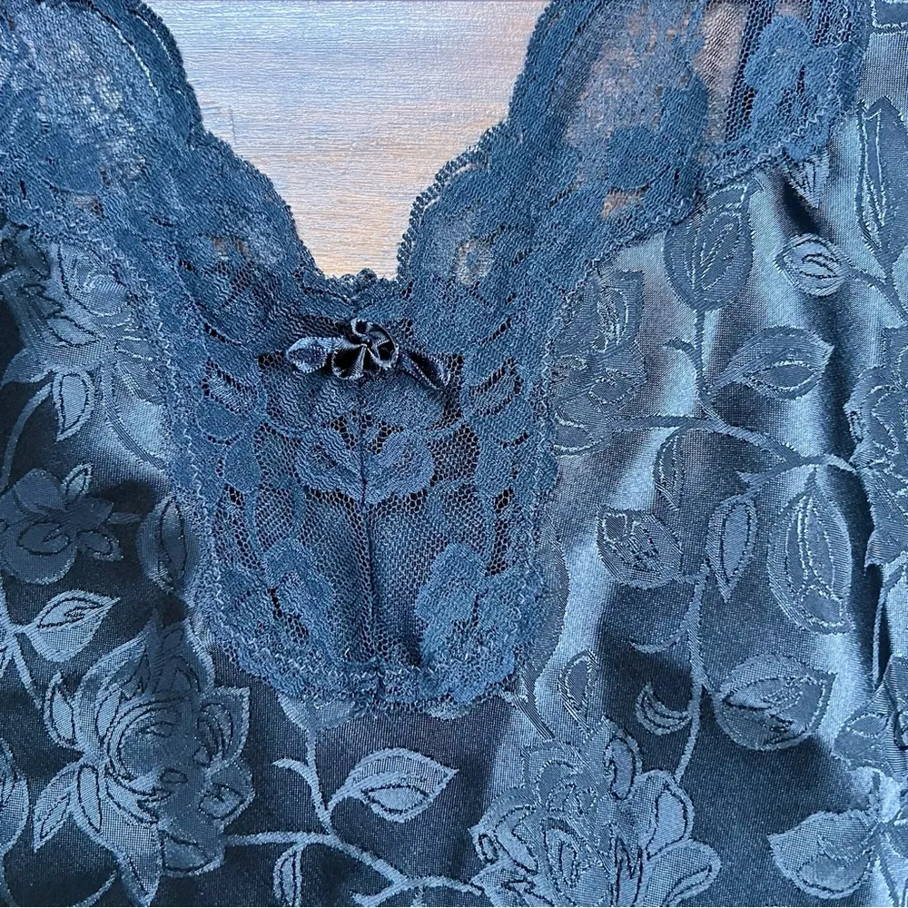 vintage • 80s black satin slip dress mini floral lace lingerie grunge Deena Size M - Image 7