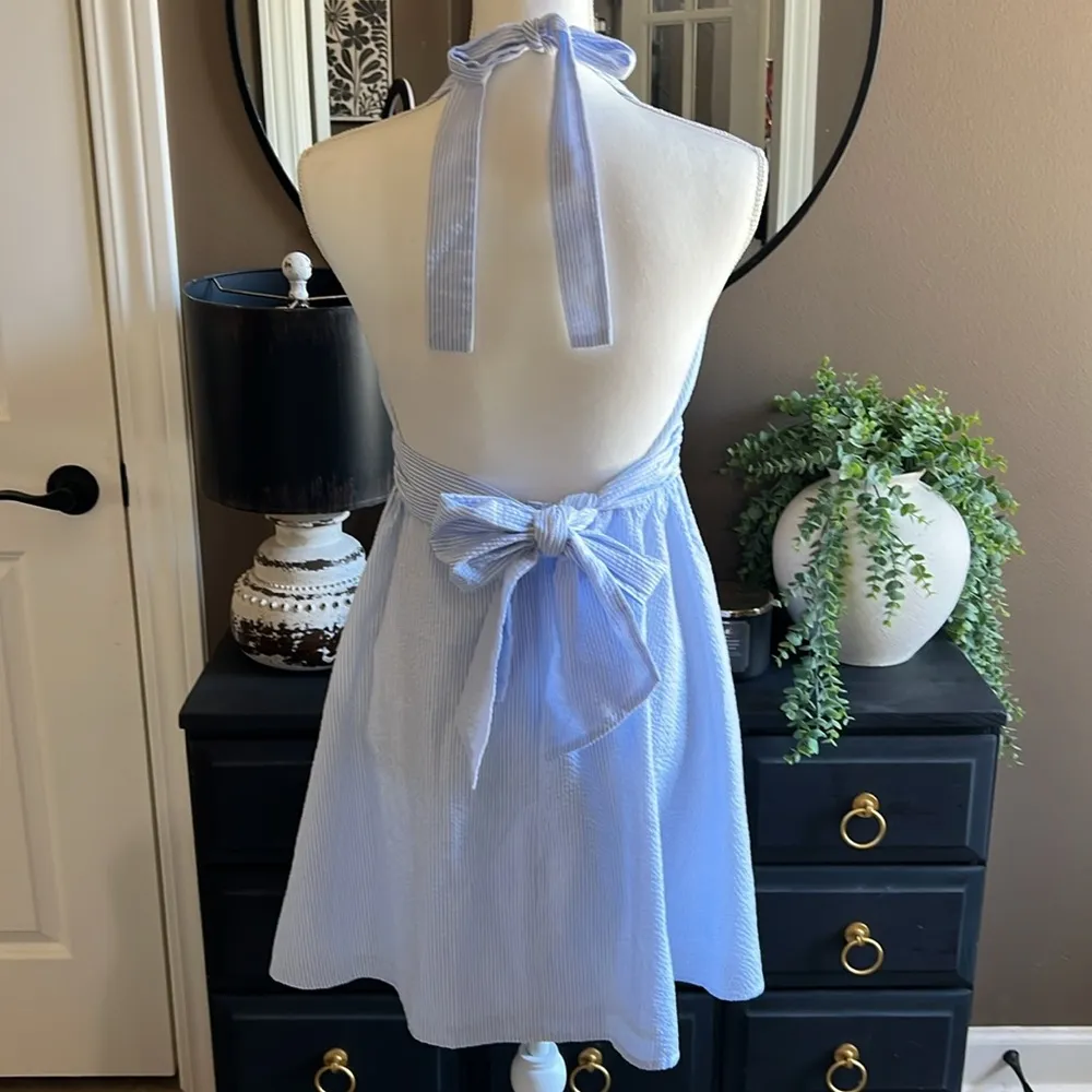 LAUREN JAMES Stratton Seersucker Halter Dress Light Blue & White Size Medium - Image 4