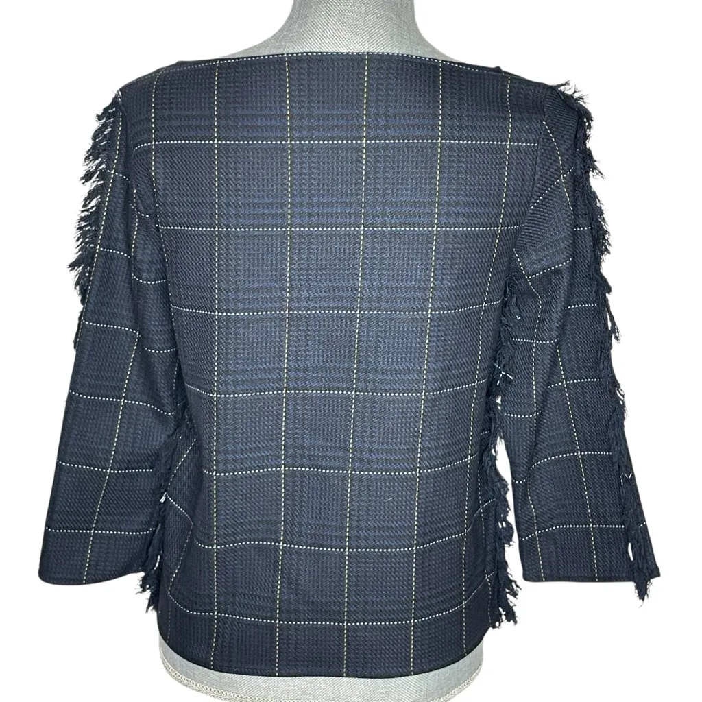 H&M Blue Black Plaid Ruffle Fringe Sleeve Size Boat Neck Top Shirt Size 4 - Image 3