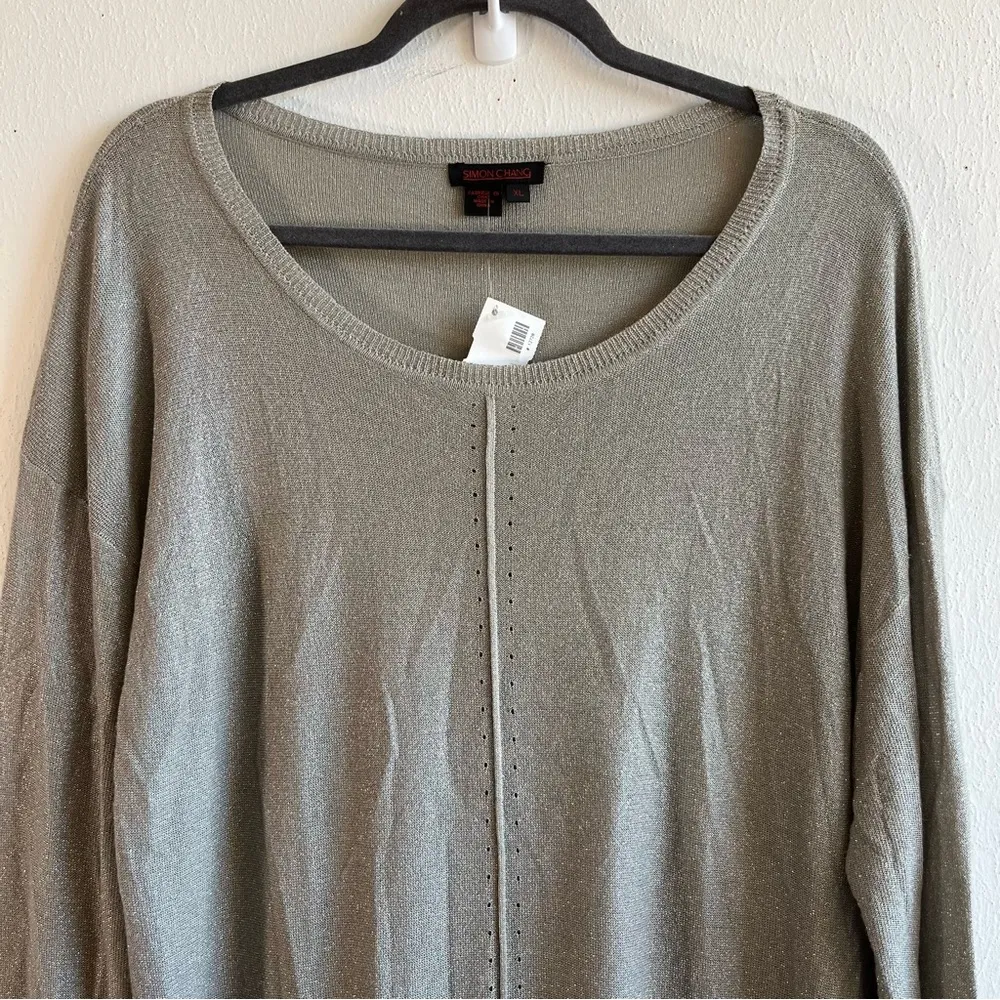 Simon Chang Sweater Silvery Gray Metallic Lightweight Tunic High - Image 2