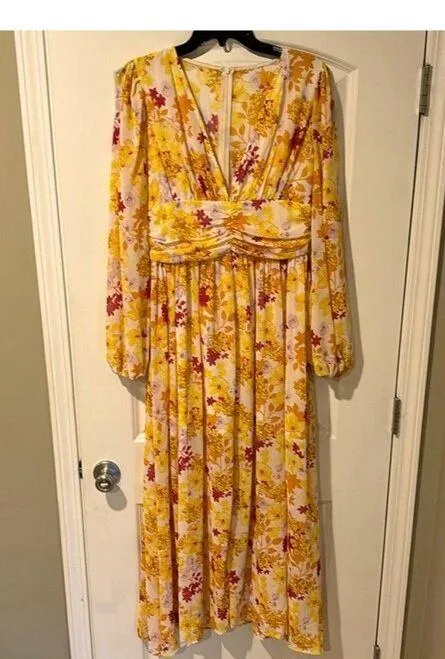 New SHEIN Frenchy Yellow Floral Lined Maxi Dress Boho Long Sleeve Formal Wedding Size L - Image 3