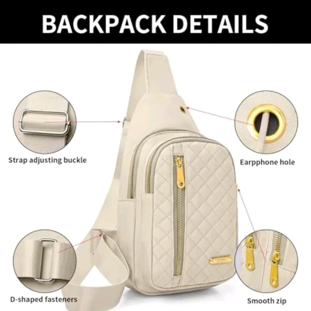 Quilted Sling Bag Compartment Utility Purse Cream White Gold Hardware - Image 3