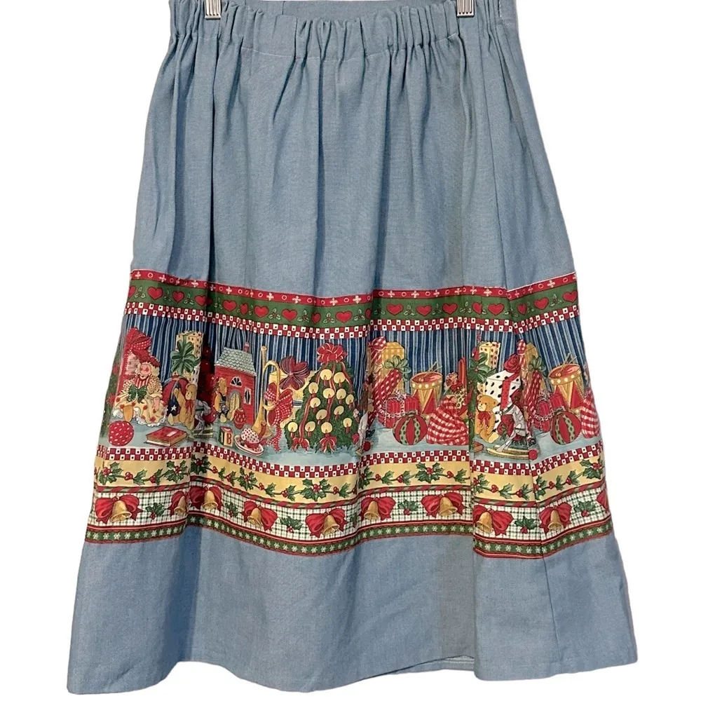 Vintage handmade chambray toyland holiday‎ Christmas skirt (small?) Blue - Image 6