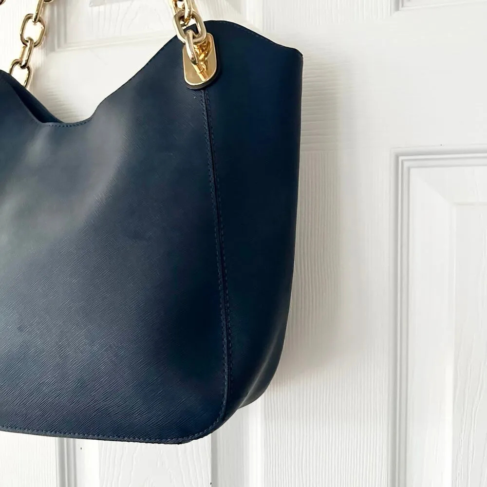 Michael Kors Lily Blue Saffiano Leather Gold Chain Hobo Shoulder Bag MK Fob - Image 9