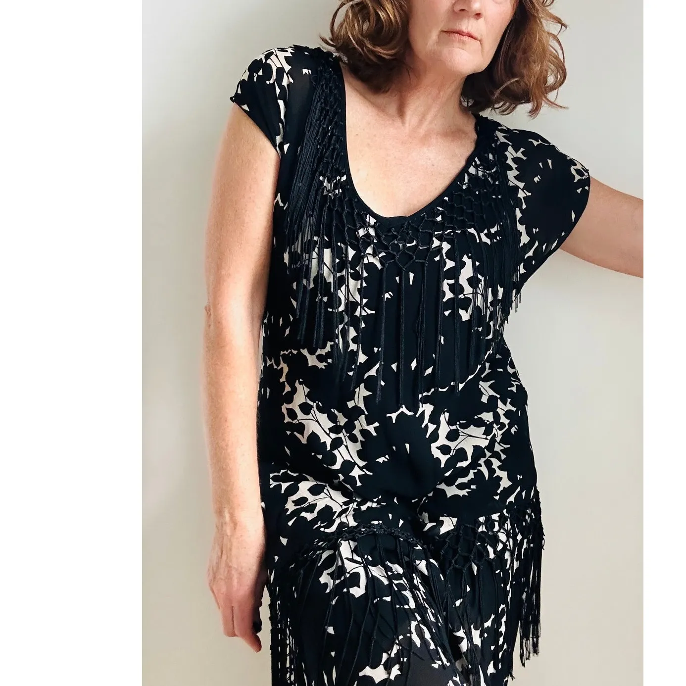 Vtg Y2K 90s Dress Size Medium Black Floral Print Fringe Witchy Whimsy Goth - Image 8