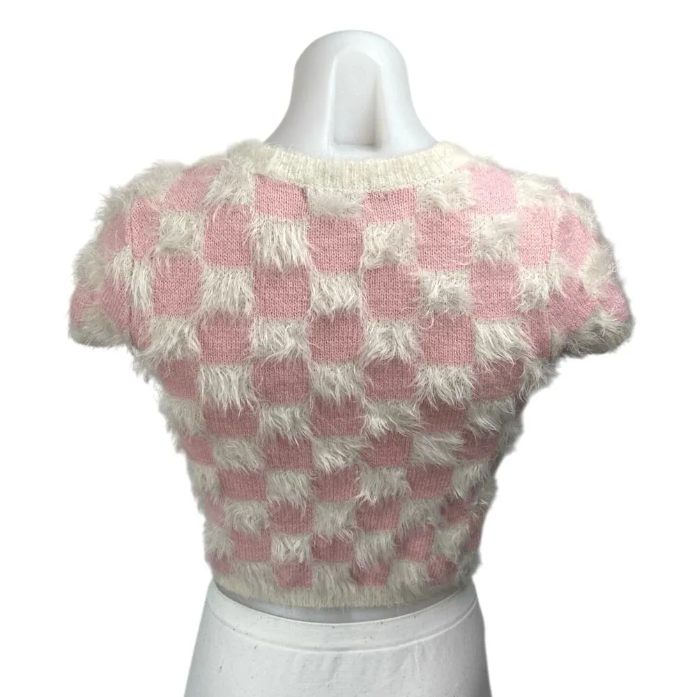 Forever 21 Pink White Checkered Plaid Faux Fur Short Sleeve Crop Sweater Top S - Image 3