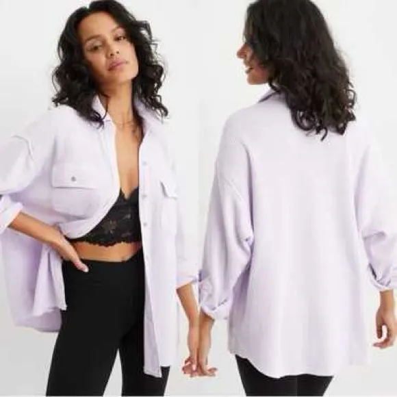 Aerie lumber Jane lilac oversized button down cotton comfy casual shirt XL - Image 14