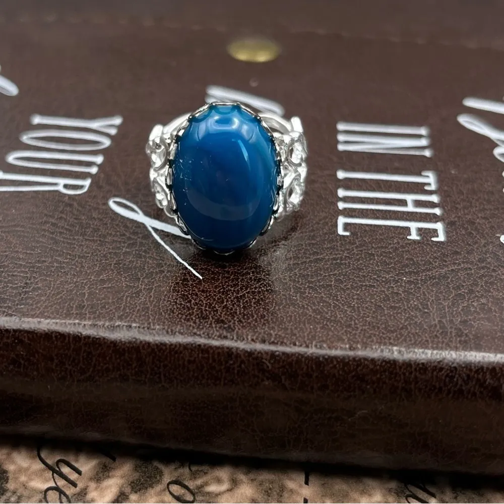 Handcrafted Deep Blue Swirled Agate Oval Cabochon Stainless Steel Open Back Ring - Image 5