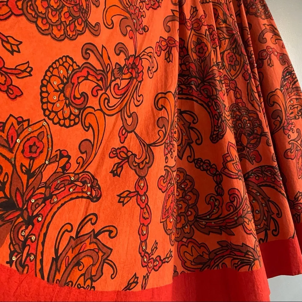Orange Boho Paisley Floral Print Sequin Full Skirt, Women's Small - Image 3