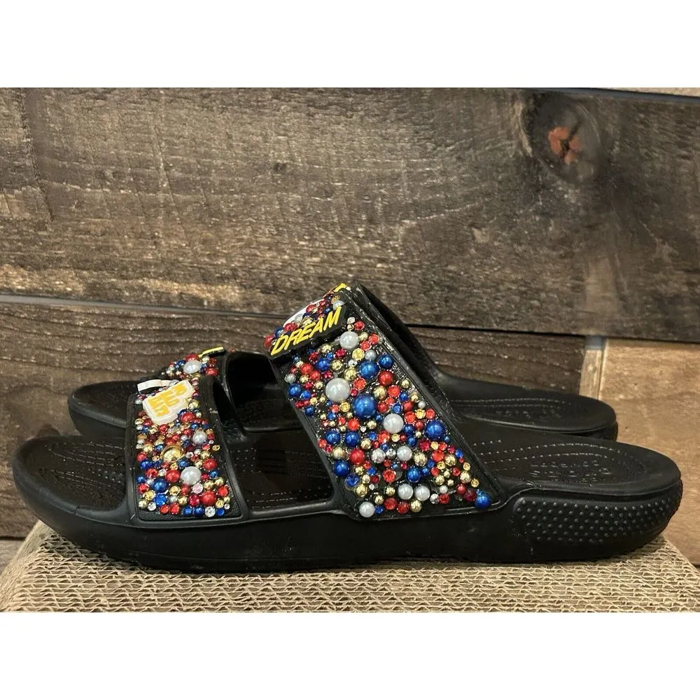 Custom Blinged Crocs Slides. Rhinestones, Charms, Vinyl STEELERS‎ Size M8 W10 - Image 7