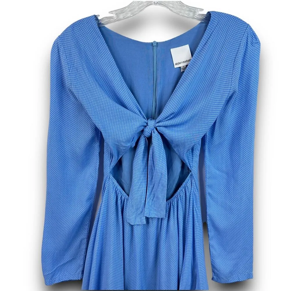 Skylar and Madison Blue Cut Out Tie Front Mini Dress White Microdot Size Small - Image 3