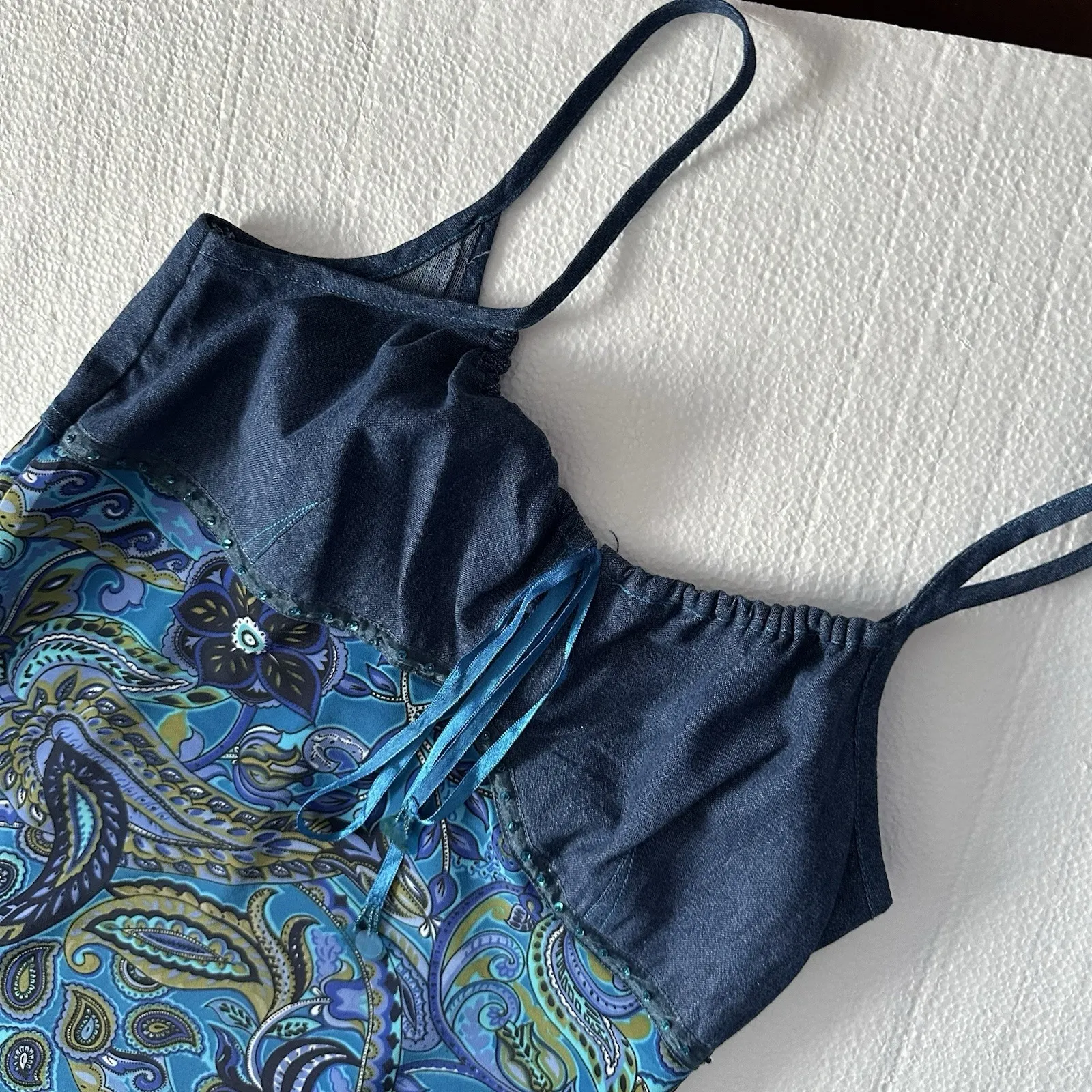 Vintage Blue‎ Jean Mixed Media Paisley Maxi Dress M Babydoll Empire Waist Y2K - Image 5