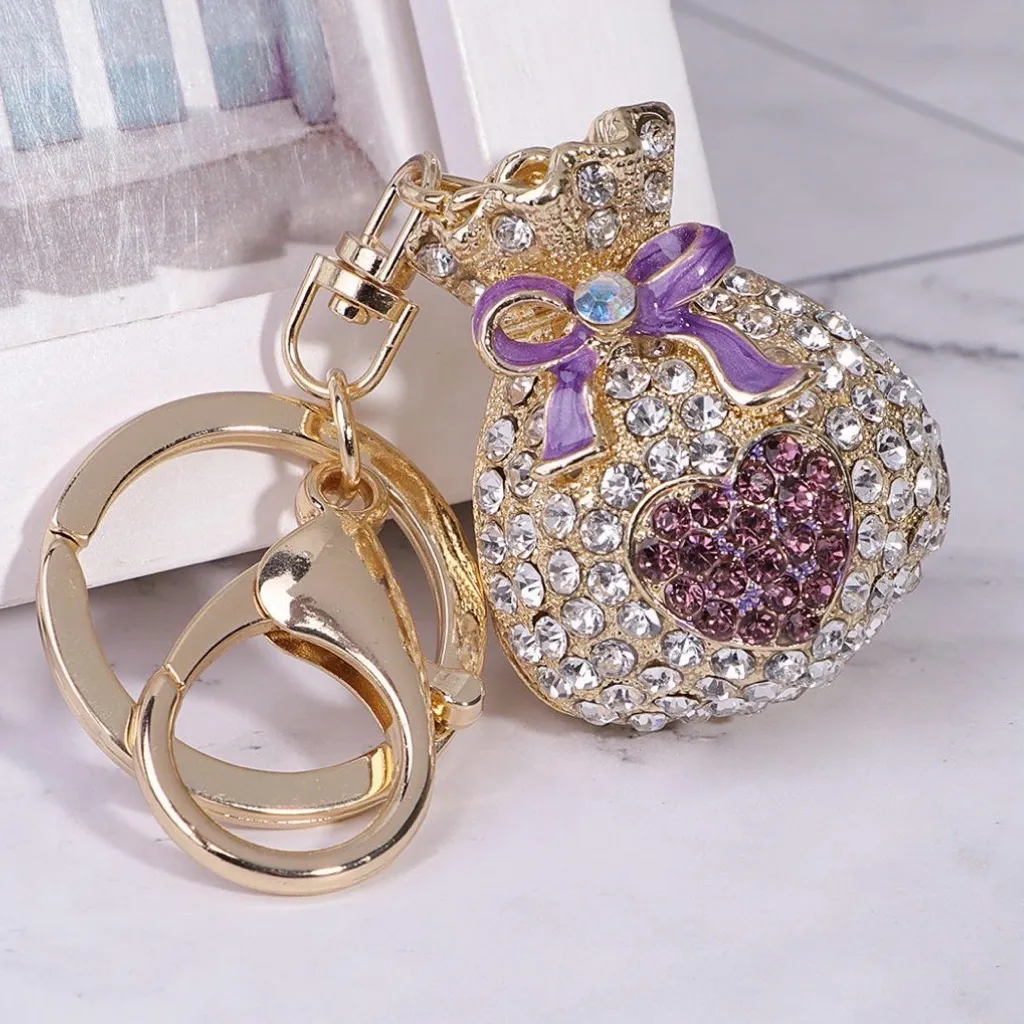 Rhinestone Money Bag Keychain Purse Charm Purple Heart Gold Tone - Image 4
