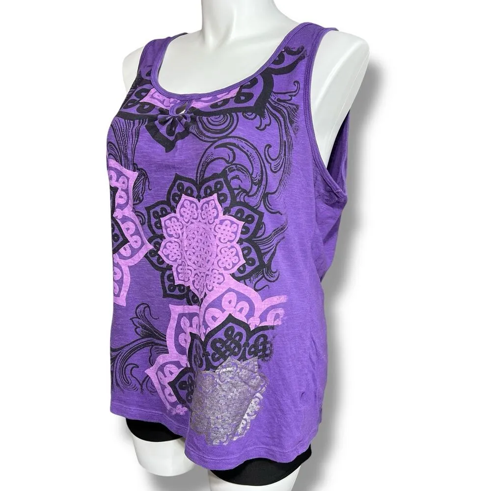 Faded Glory Womens Tank Top Sleeveless Keyhole Scoop Neck Purple Floral Print 2X - Image 6