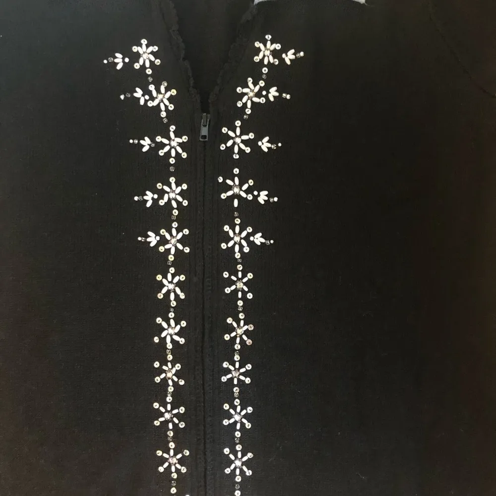 Black Embellished Cardigan Sweater 1X Zip Beaded Denim Collar - Image 5