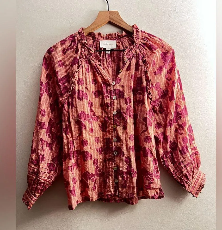 Cleobella Remmy Blouse Batik Print pink floral long sleeve ruffle Organic cotton - Image 2