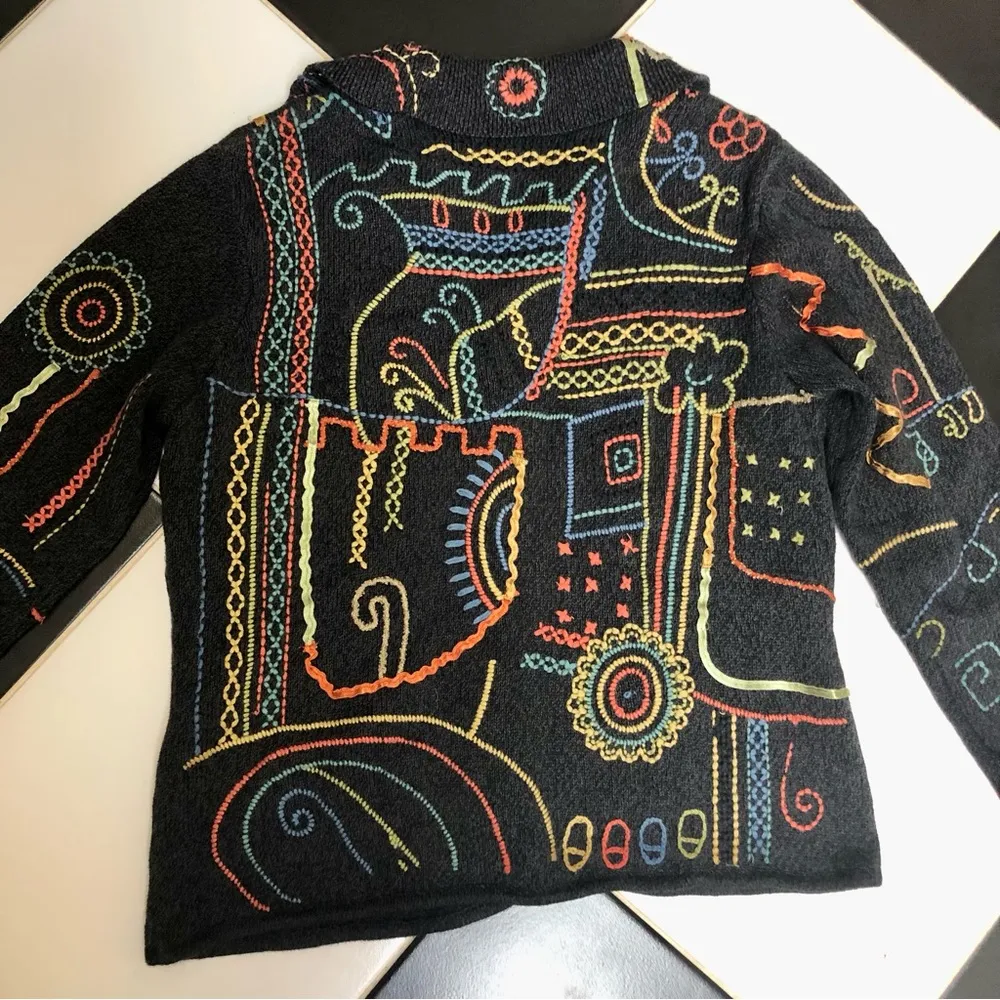 Vintage 90s Chico’s Embroidered Cardigan Sweater Jacket Abstract Colorful Artsy - Image 6