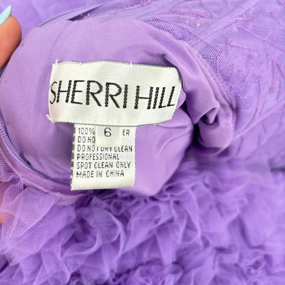 Lavender Tiered Ruffled Prom Dresses with Slit Feather Beaded Sheer Bodice Sz 6 - Image 5