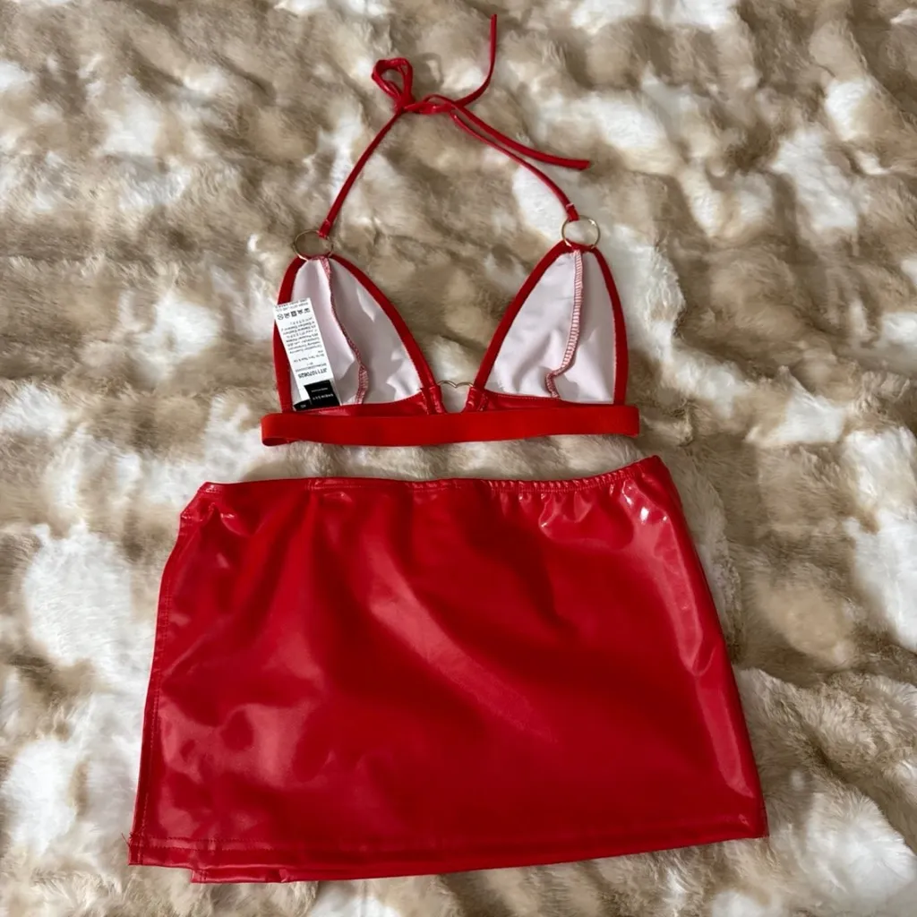 Red Halter Bikini Top and Skirt Set Size XS - Image 3