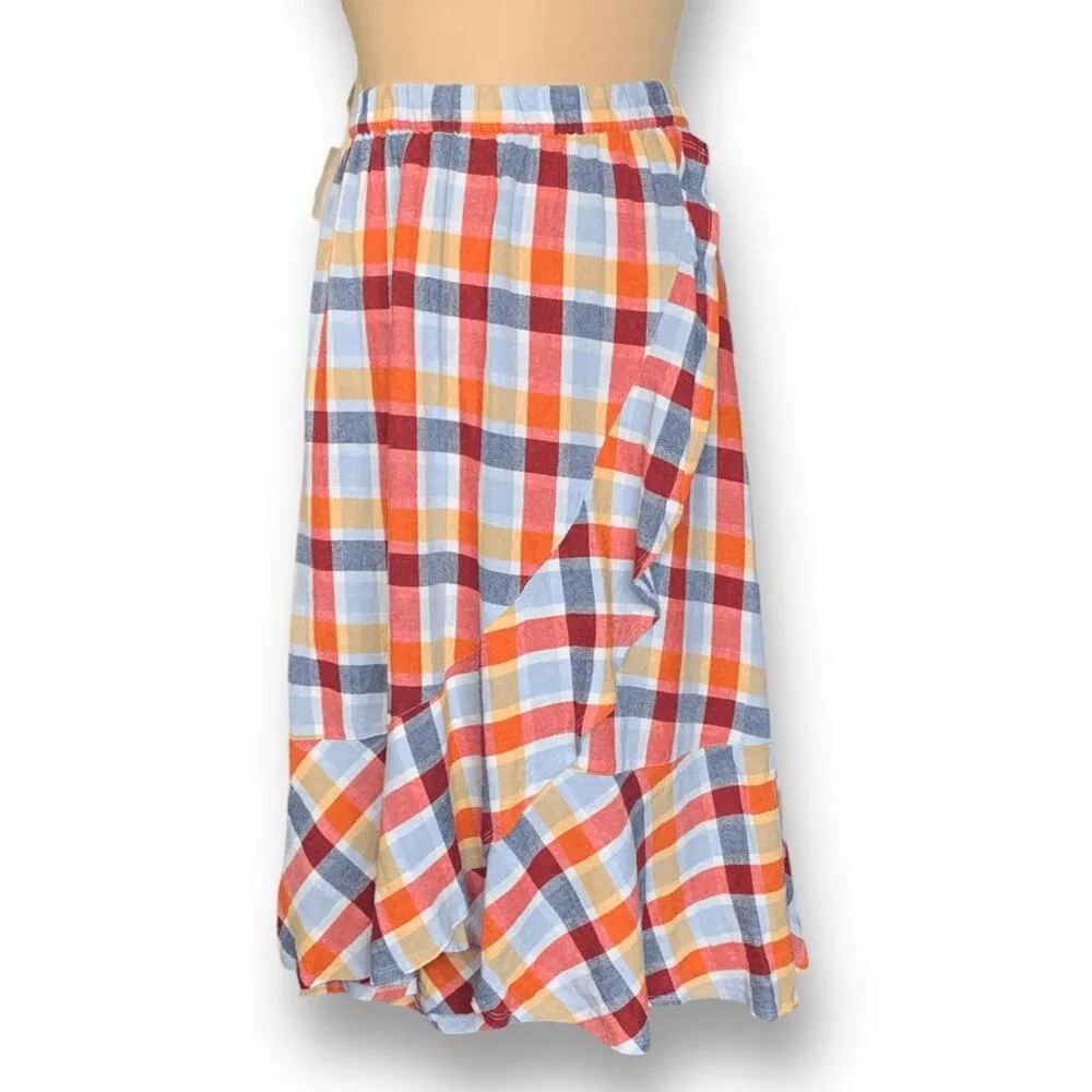Lane Bryant Faux-Wrap Ruffle A-Line Maxi Skirt Multicolor Plaid Linen Size 14/16 - Image 8