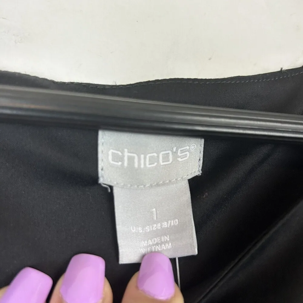 NEW CHICOS Size 1 US M 8/10 black Puff Sleeve Dress Casual Midi Length Shift - Image 5