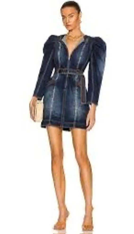 ULLA JOHNSON Cori Dress Dark Wash denim long puff sleeve romper size 4 - Image 15