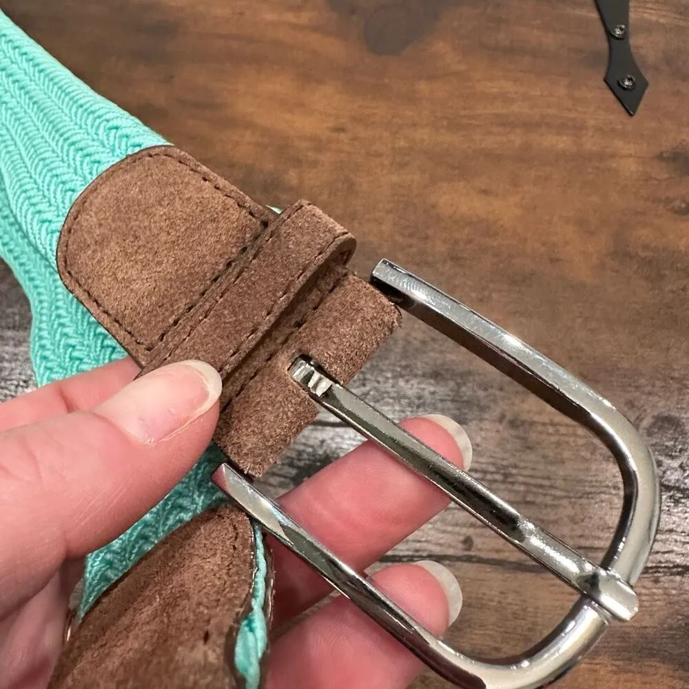 Les Canebiers Saint Tropez Women's Webbed Suede‎ Belt Aqua Teal Blue Brown XS Green - Image 8