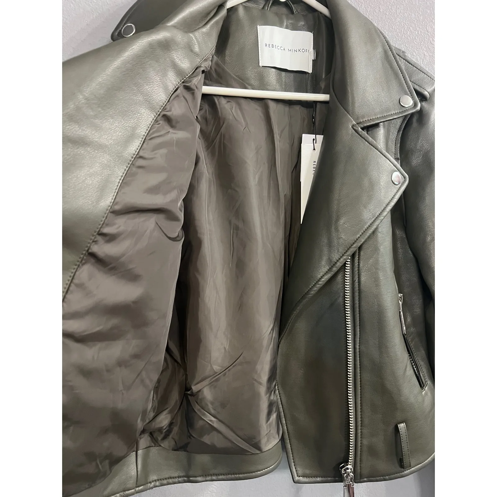 Rebecca Minkoff Olive Green Moto Jacket Size S Faux Vegan Leather Biker Coat NWT - Image 10