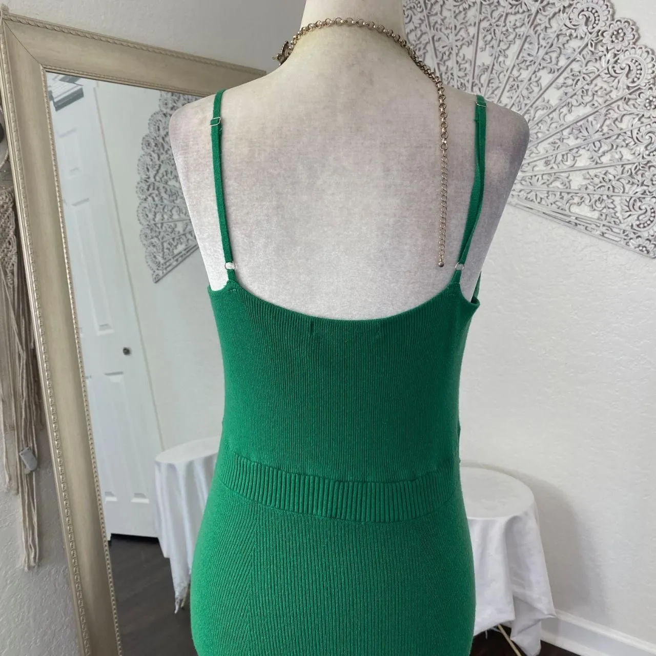 Lalavon Soft Bright Green Preppy Coquette Ribbed Bodycon Maxi Midi Dress L Size L - Image 6