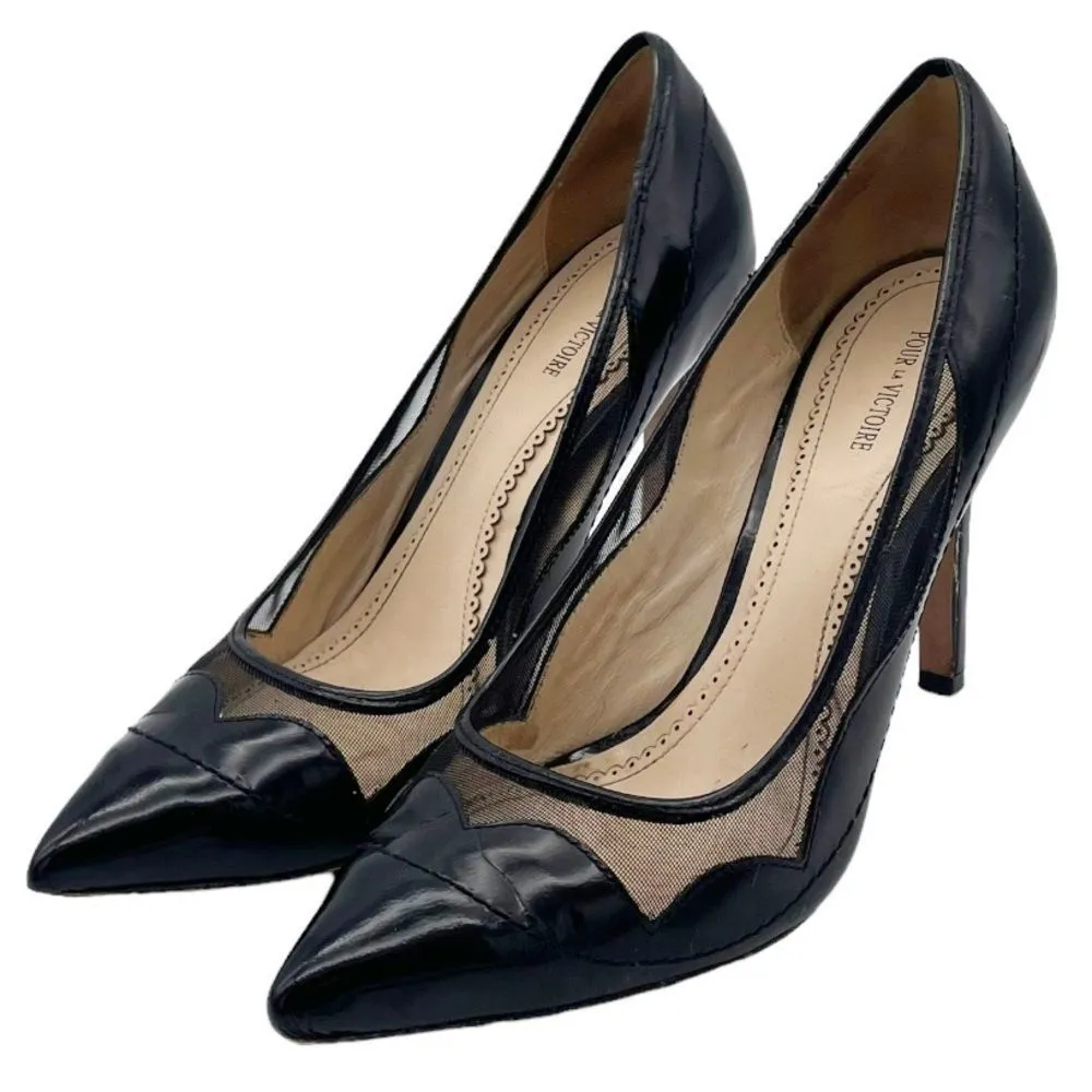 Pour La Victoire Chantel Mesh Scallop Black Leather Pointed Toe Heels Size 8 - Image 6