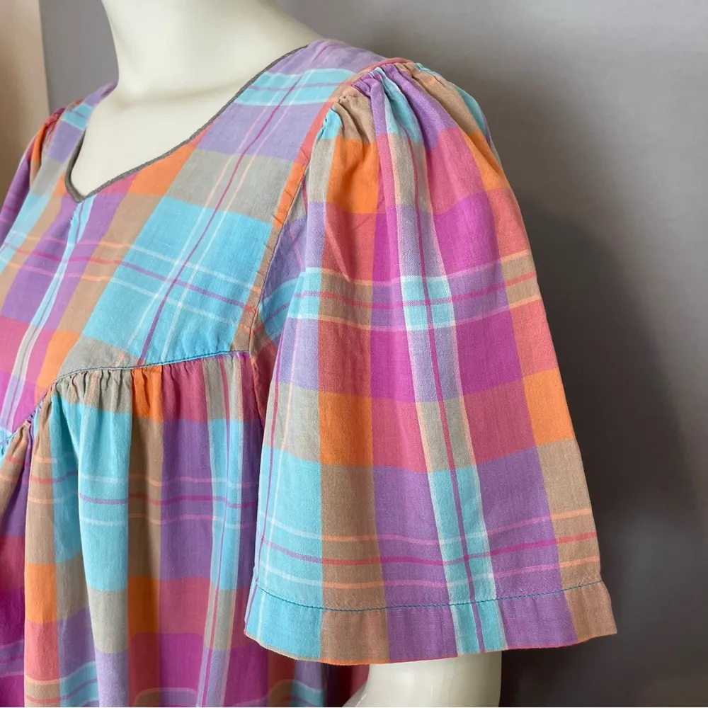 Vintage Plaid Muumuu Dress Relaxed Fit Flaws Cotton Women Size Large Blue Orange - Image 5