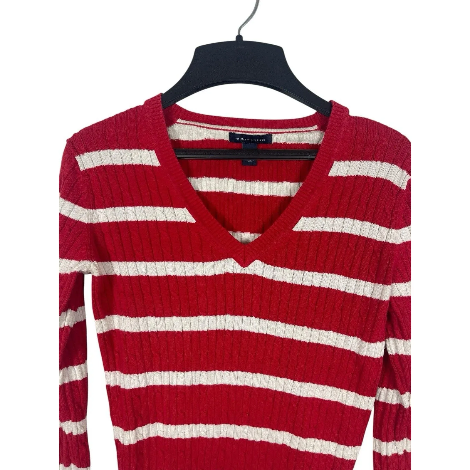 Tommy Hilfiger Red White Striped Ribbed Sweater V-neck Preppy Varsity S Y2K 90s - Image 2
