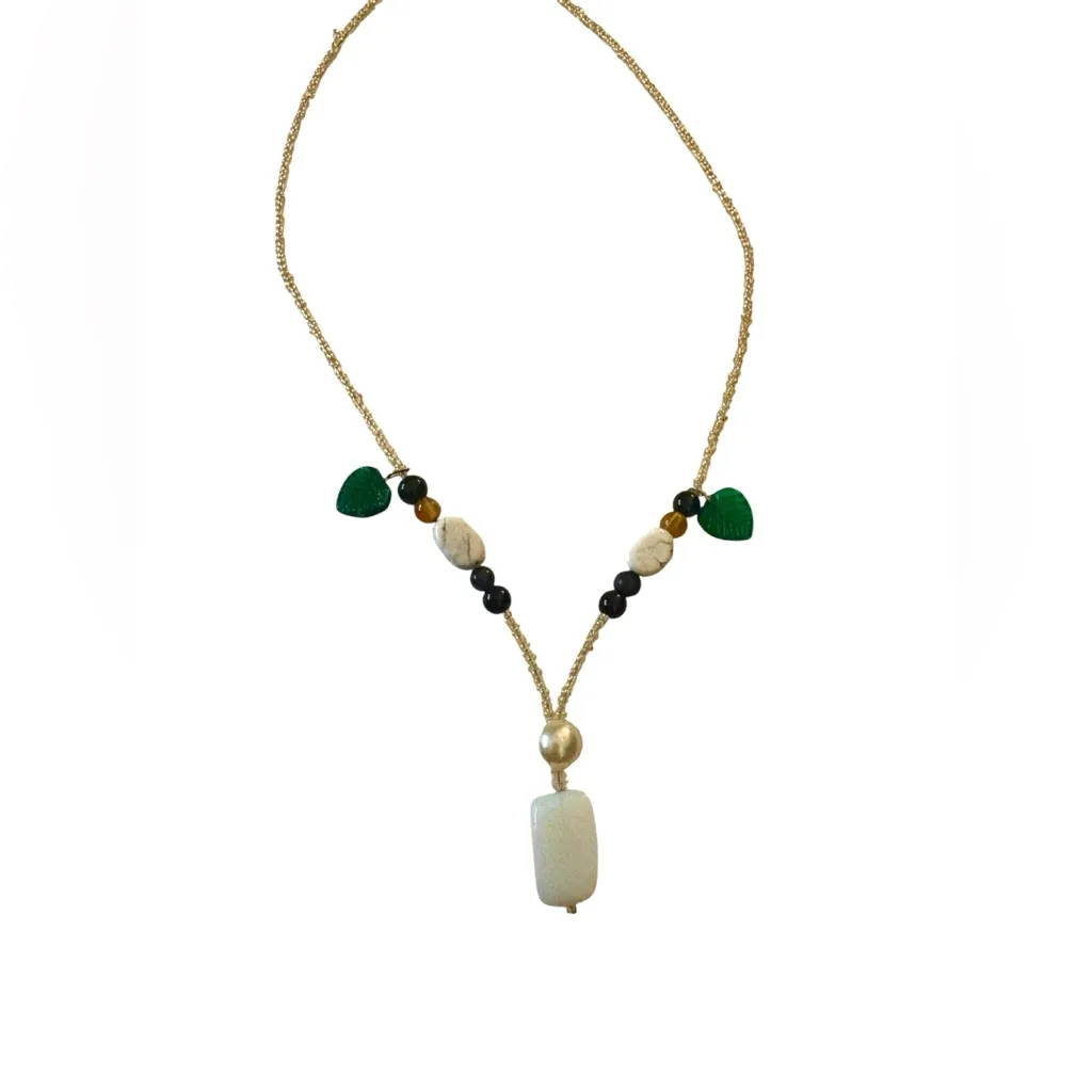 Seed Beaded Necklace with Stones and Glass Leaves with Lobster Claw Clasp Green - Image 2